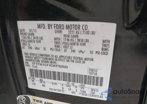 2013 Ford F-150 Xlt из США, поврежденный, VIN 1FTFW1CFXDKF52520